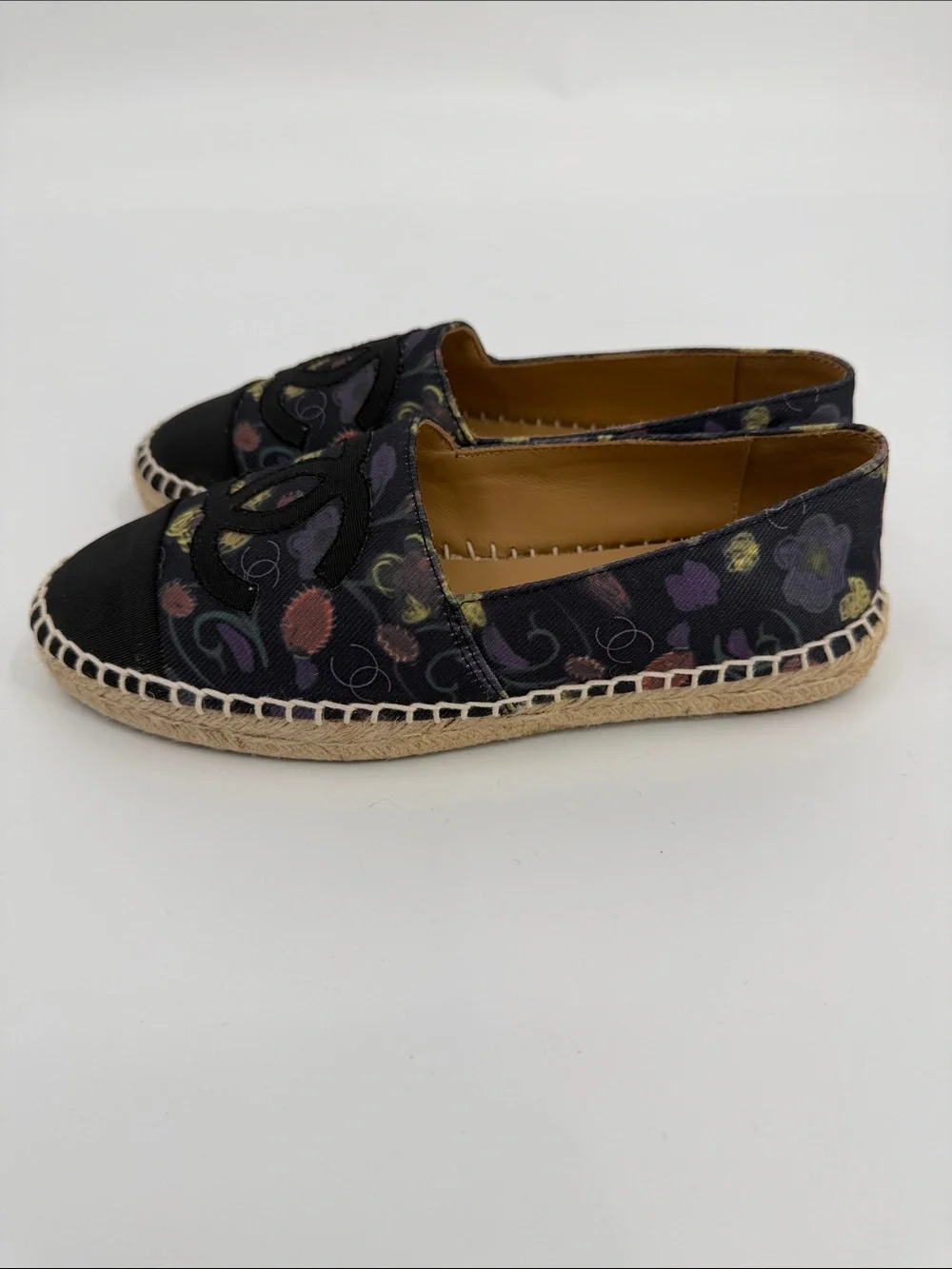 Black Canvas Floral Espadrille Flats with Large CC Logo